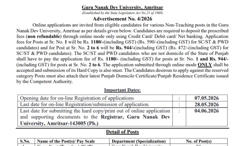 GNDU Non-Teaching Recruitment 2026 Notification Released for Various Posts, Apply Online