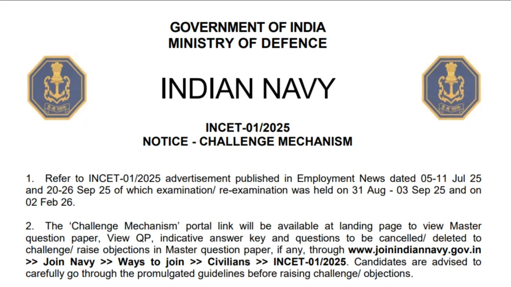 Indian Navy Civilian INCET 01/2025 (1110 Posts) Answer Key 2026 Released, Check From This Link