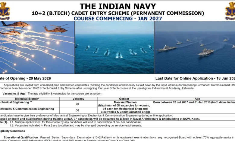 Indian Navy 10+2 (B.Tech) Cadet Entry Jan 2027 Notification Released, Check Eligibility & Apply Online