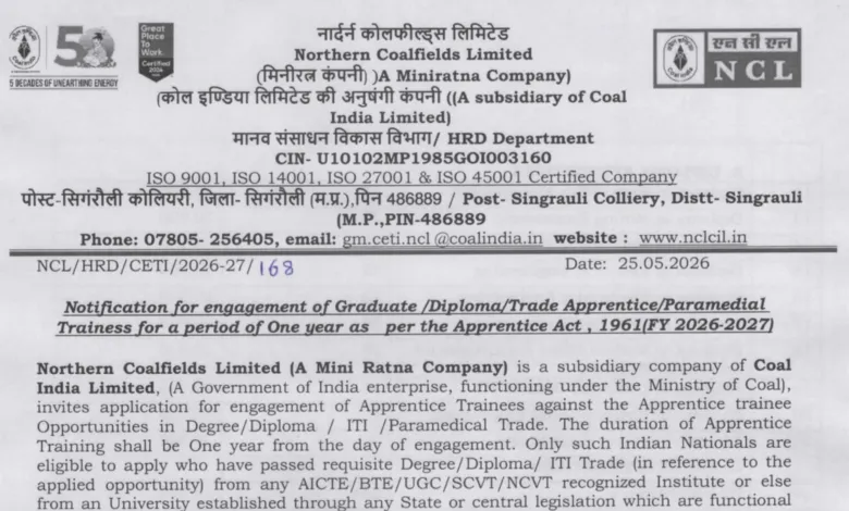 Northern Coalfields Limited (NCL) Apprentice Recruitment 2026 Notification Released & Apply Online for 1607 Posts