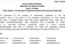 IB Security Assistant/Executive (4987 Posts) Result 2025 Released – Download Merit List PDF