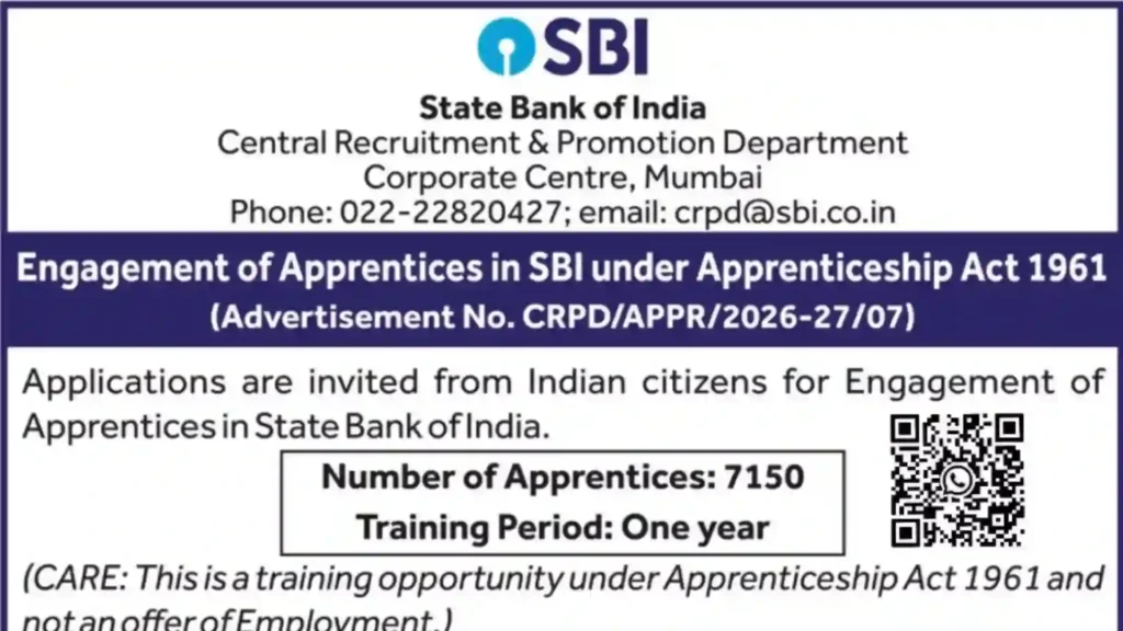 State Bank of India (SBI) Apprentice Recruitment 2026 Notification Released & Apply Online for 7150 Posts