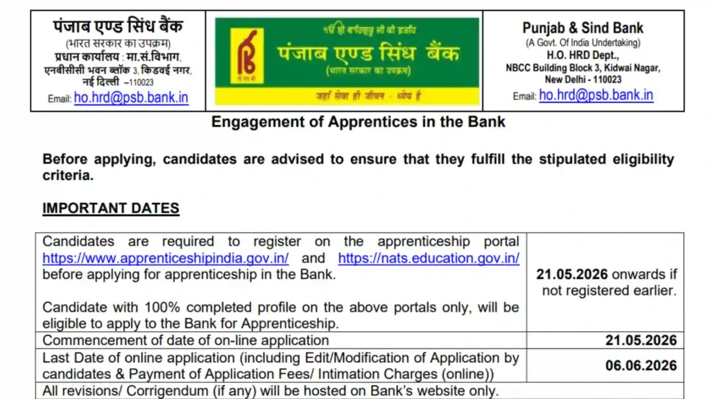 Punjab & Sind Bank Apprentice Recruitment 2026 Notification Released for 635 Posts, Apply Online