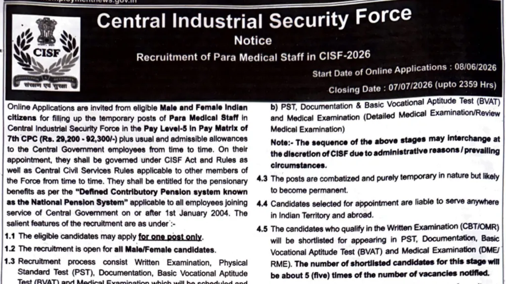 CISF ASI Paramedical Staff Recruitment 2026 Notification Released & Apply Online for 24 Posts