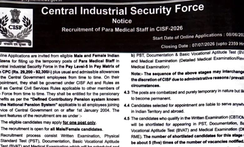 CISF ASI Paramedical Staff Recruitment 2026 Notification Released for Various Posts, Apply Online