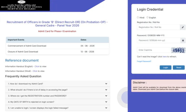 Reserve Bank of India (RBI) Grade B Officer (60 Posts) Admit Card 2026 Released, Download Link