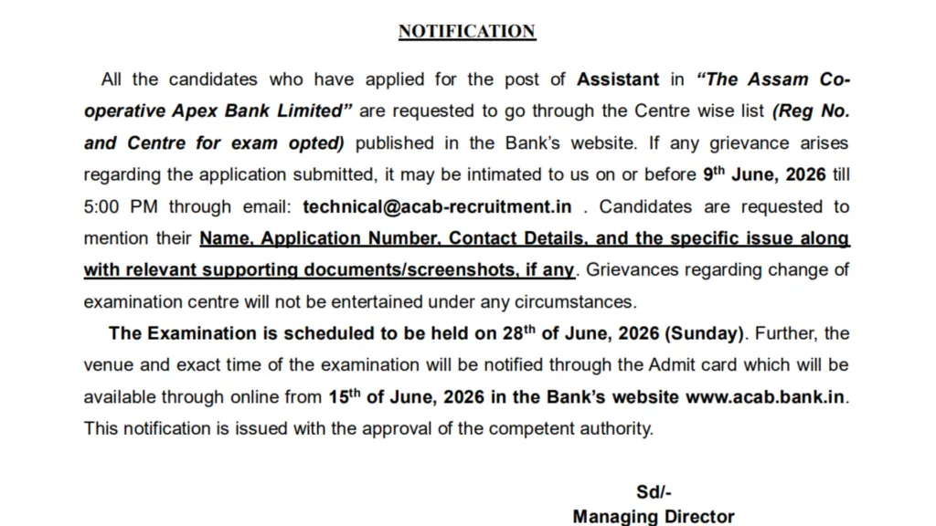 Assam Cooperative Apex Bank Assistant (150 Posts) Exam Date & Admit Card 2026 Released, Check Now