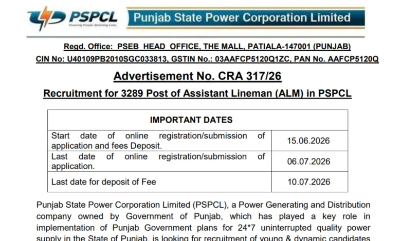 PSPCL Assistant Lineman (ALM) Recruitment 2026 Notification Released for 3289 Posts, Apply Online