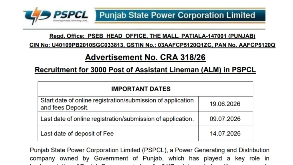 PSPCL Assistant Lineman (ALM-ITI) Recruitment 2026 Notification Released for 3000 Posts, Apply Online