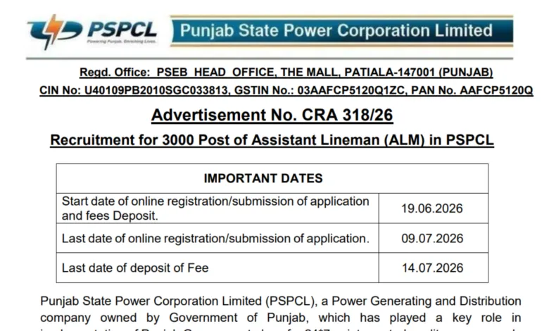 PSPCL Assistant Lineman (ALM-ITI) Recruitment 2026 Notification Released for 3000 Posts, Apply Online