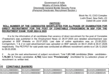 BSF Constable Tradesmen (3588 Posts) Result 2026 Released, Download Merit List PDF