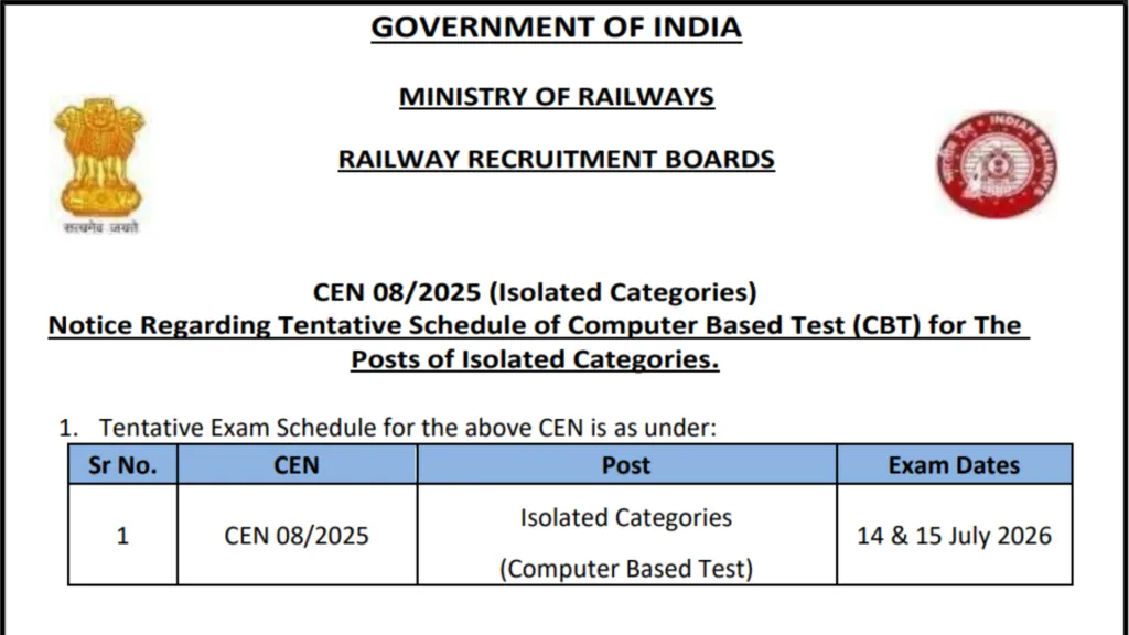 Railway RRB CEN 08/2025 Ministerial & Isolated Category (312 Posts) Exam Date & Admit Card 2026 Released, Check Now