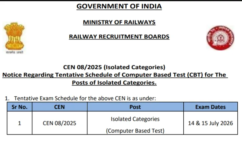Railway RRB CEN 08/2025 Ministerial & Isolated Category (312 Posts) Exam Date & Admit Card 2026 Released, Check Now