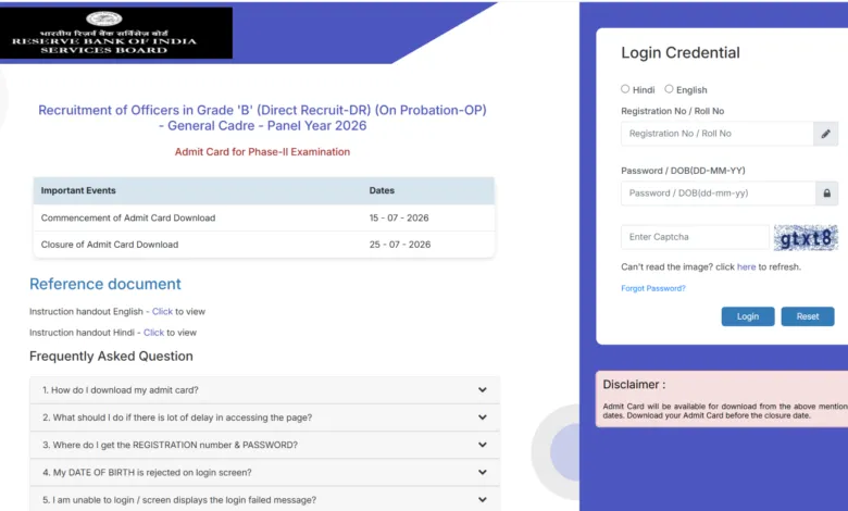 Reserve Bank of India (RBI) Grade B Officer (60 Posts) Admit Card 2026 Released, Download Link