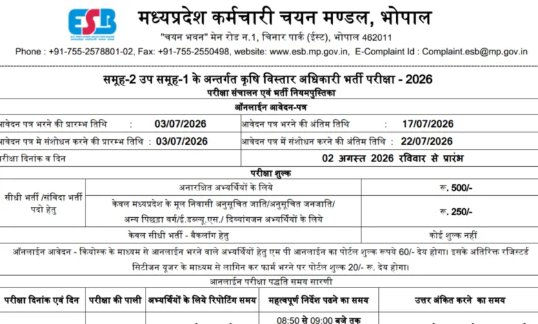 MPESB Agriculture Extension Officer Recruitment 2026 Notification Released & Apply Online for 2784 Posts