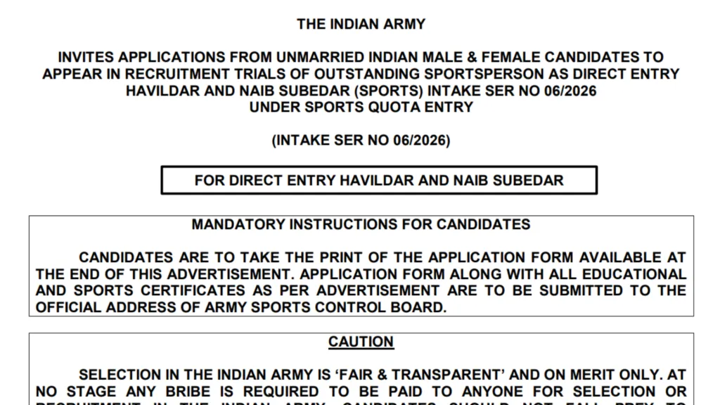 Indian Army Sports Quota Recruitment 2026 Notification Released & Apply Offline for Havildar and Naib Subedar Posts