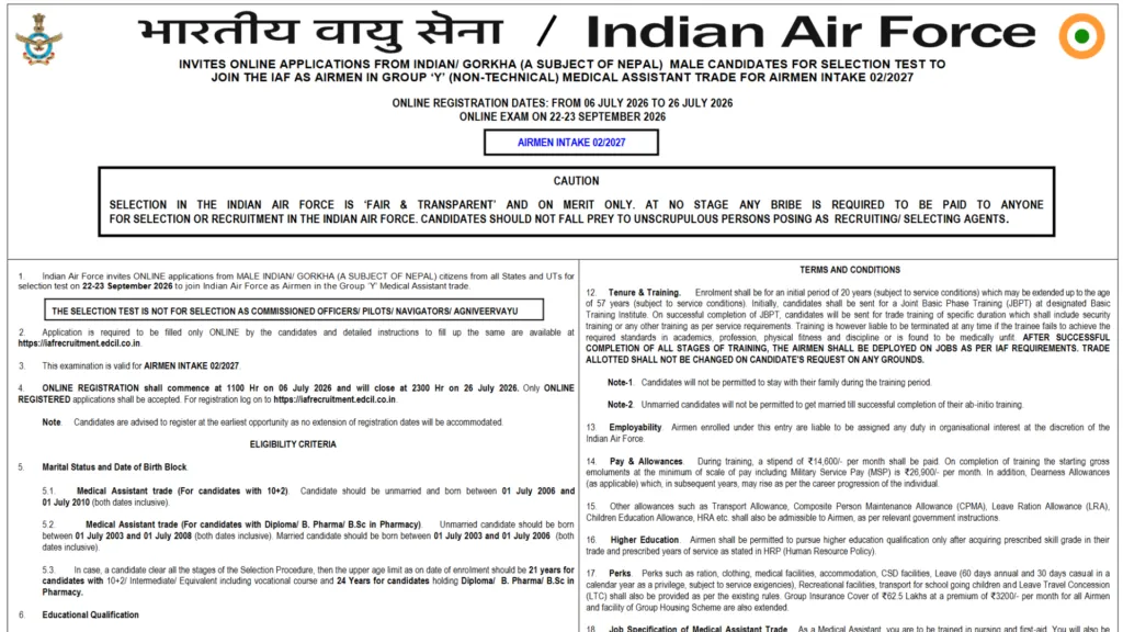 Indian Air Force Airmen Group Y (Medical Assistant) Intake 02/2027 Notification Released & Apply Online