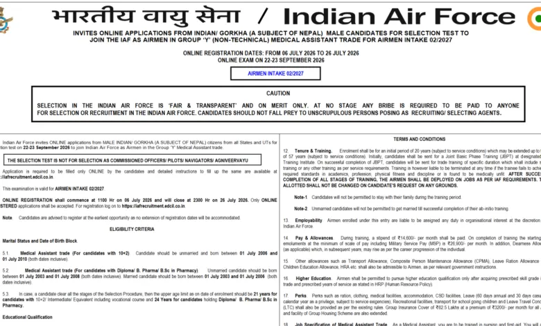 Indian Air Force Airmen Group Y (Medical Assistant) Intake 02/2027 Notification Released & Apply Online