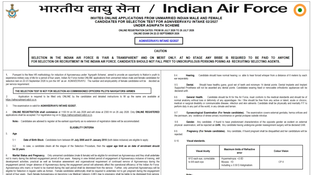 Indian Air Force AgniveerVayu Intake 02/2027 Notification Released & Apply Online