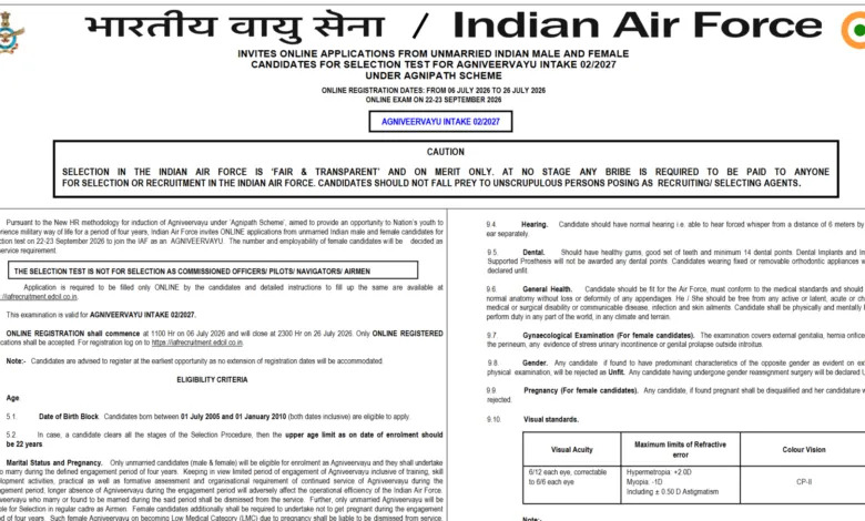 Indian Air Force AgniveerVayu Intake 02/2027 Notification Released & Apply Online
