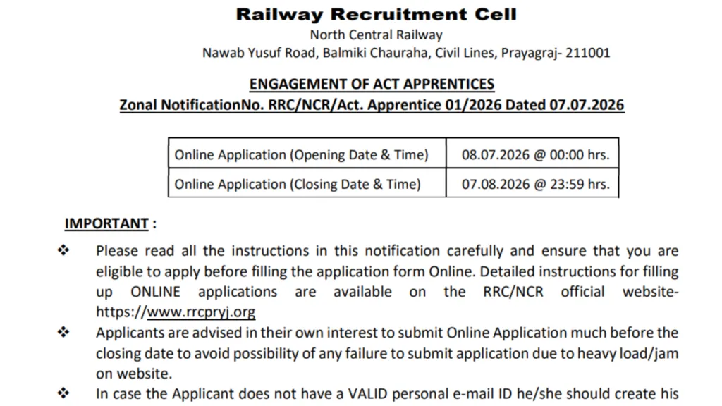 Railway RRC NCR Prayagraj Apprentice Recruitment 2026 Notification Released & Apply Online for 1853 Posts