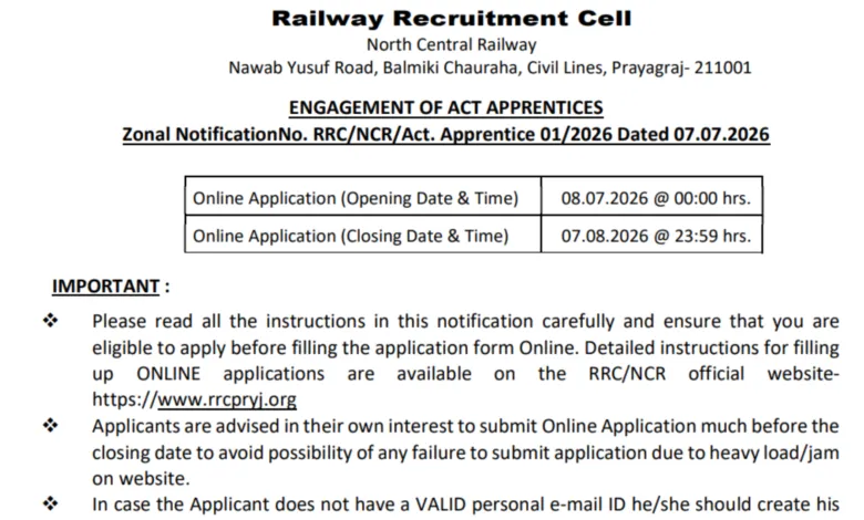 Railway RRC NCR Prayagraj Apprentice Recruitment 2026 Notification Released & Apply Online for 1853 Posts
