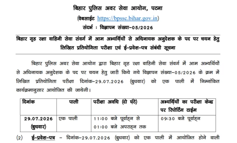 BPSSC Bihar Police Havildar Instructor (122 Posts) Exam Date & Admit Card 2026 Released, Check Now