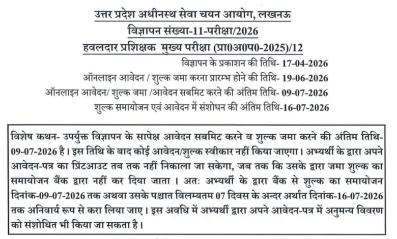 UPSSSC Havaldar Instructor Recruitment 2026 Notification Released & Apply Online for 209 Posts