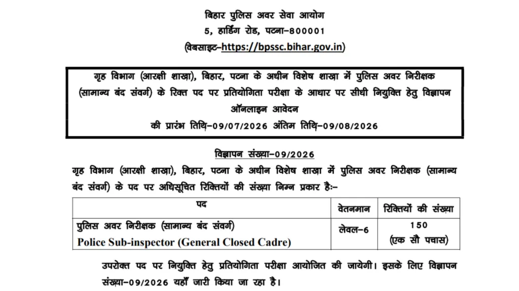 BPSSC Bihar Police Sub Inspector (SI ) Recruitment 2026 Notification Released & Apply Online for 150 Posts