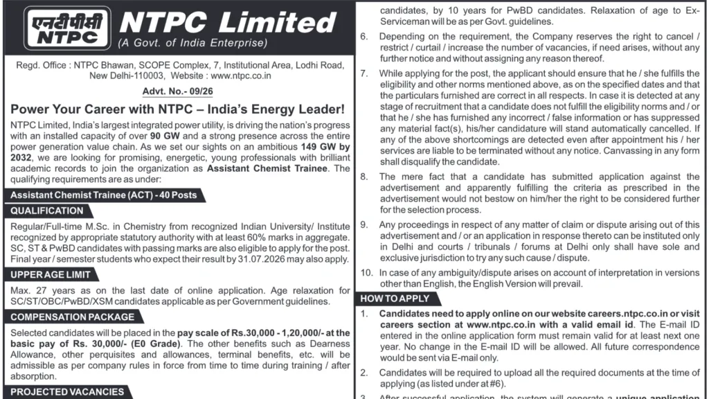 NTPC Assistant Chemist Trainee Recruitment 2026 Notification Released & Apply Online