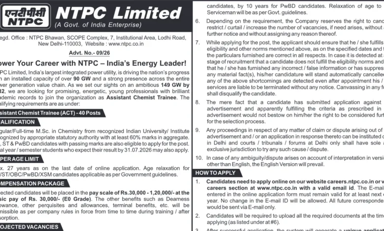 NTPC Assistant Chemist Trainee Recruitment 2026 Notification Released & Apply Online
