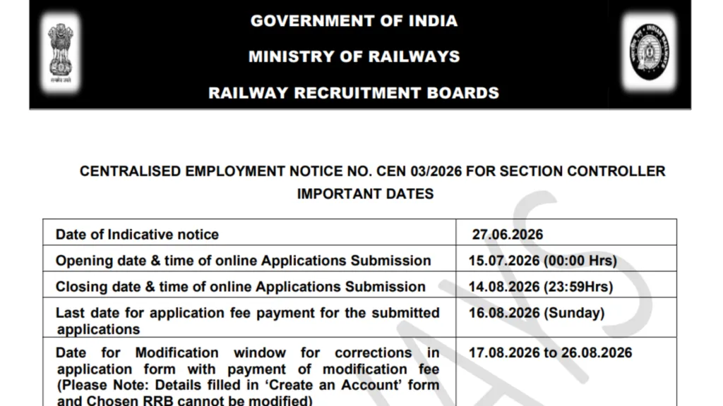 Railway RRB CEN 03/2026 Section Controller Recruitment 2026 Notification Released & Apply Online 119 Posts