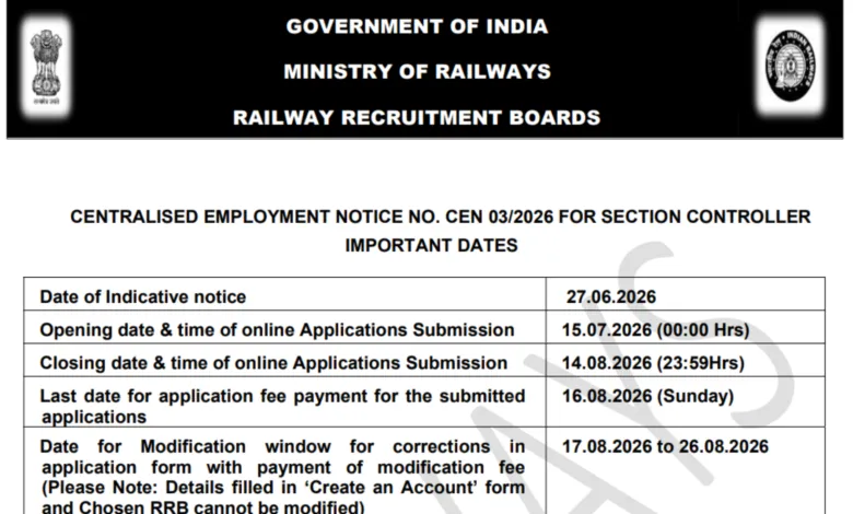 Railway RRB CEN 03/2026 Section Controller Recruitment 2026 Notification Released & Apply Online 119 Posts