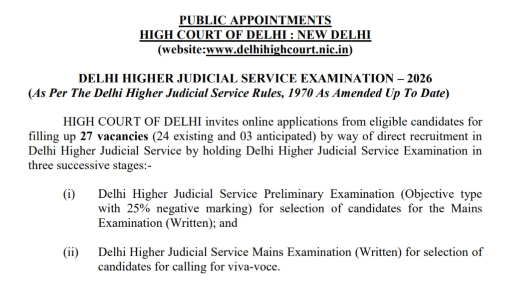 Delhi High Court Higher Judicial Service (HJS) Recruitment 2026 Notification Released & Apply Online