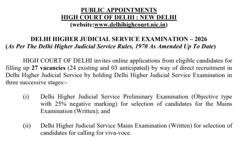 Delhi High Court Higher Judicial Service (HJS) Recruitment 2026 Notification Released & Apply Online