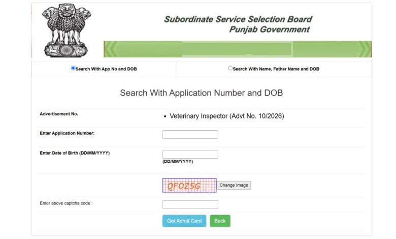 Punjab PSSSB Veterinary Inspector (310 Posts) Exam Date & Admit Card 2026 Released, Check Now