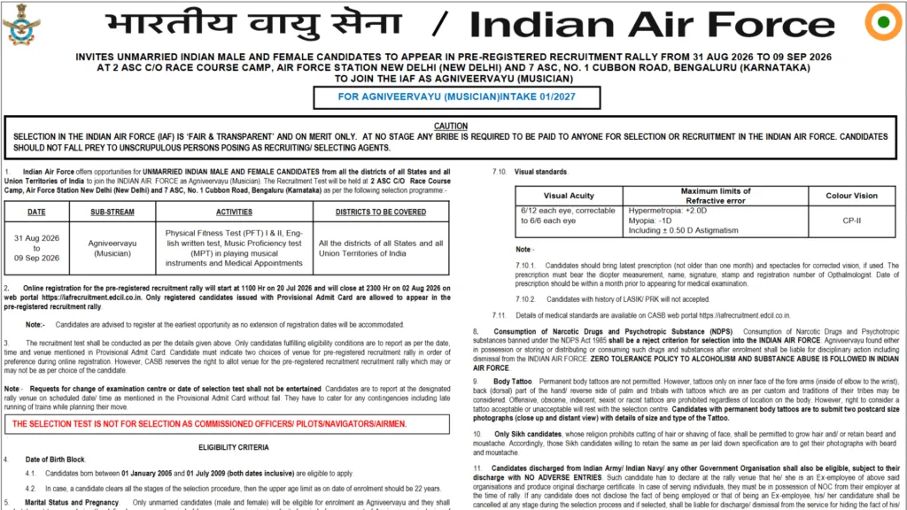Indian Air Force Agniveer (Musician) Intake 01/2027 Notification Released & Apply Online