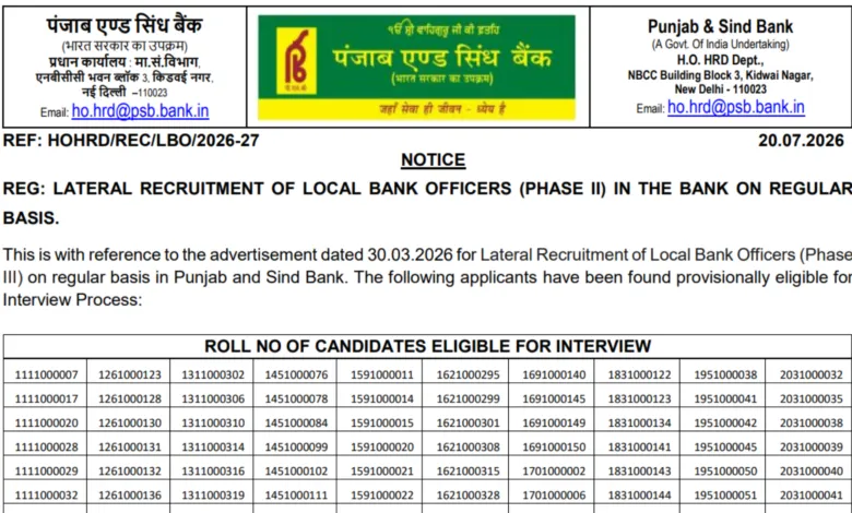 Punjab and Sind Bank Local Bank Officer (1000 Posts) Result 2026 Released – Download Merit List PDF