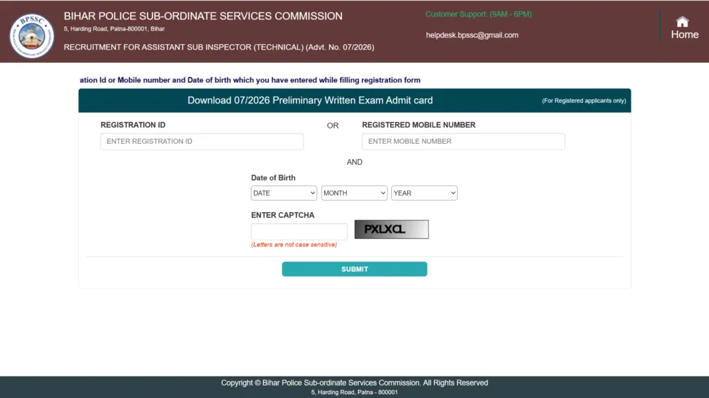 Bihar BPSSC Assistant Sub-Inspector (Technical) Exam Date & Admit Card 2026 Released, Check Now