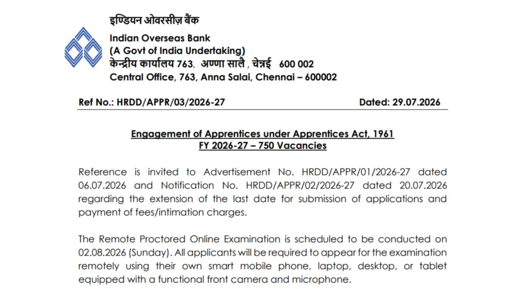 Indian Overseas Bank Apprentice (750 Posts) Admit Card 2026 Released – Download Hall Ticket Link