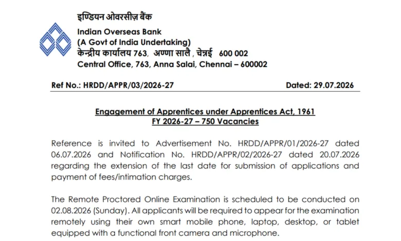 Indian Overseas Bank Apprentice (750 Posts) Admit Card 2026 Released – Download Hall Ticket Link