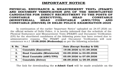 Delhi Police Head Constable (AWO/TPO-443 Posts) Exam Date & Admit Card 2025 Released, Check Now