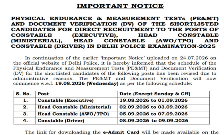 Delhi Police Constable (Driver-737 Posts) Exam Date & Admit Card 2025 Released, Check Now