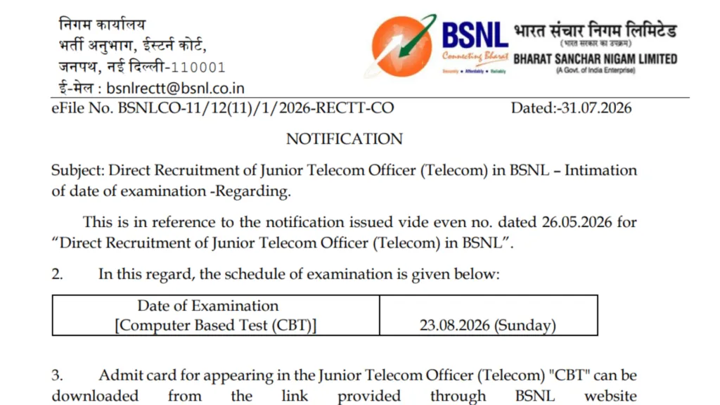 BSNL Junior Telecom Officer (JTO-100 Posts) Exam Date & Admit Card 2026 Released, Check Now