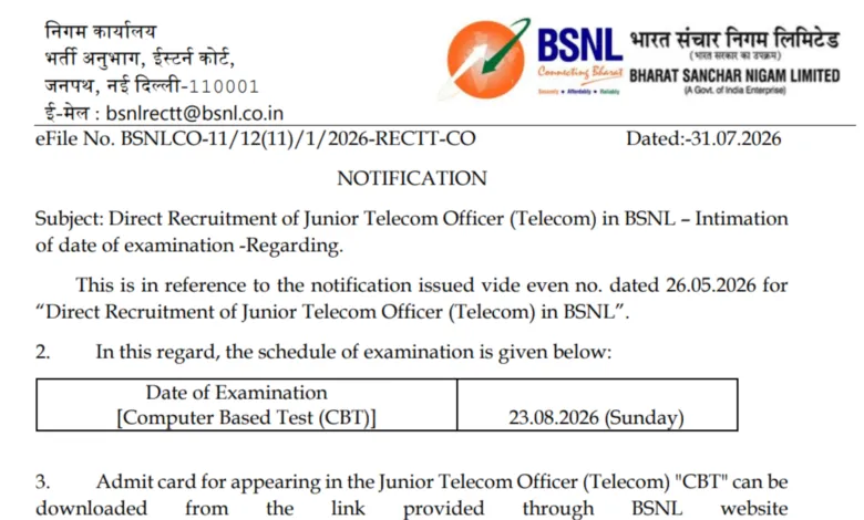BSNL Junior Telecom Officer (JTO-100 Posts) Exam Date & Admit Card 2026 Released, Check Now