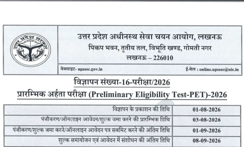 UPSSSC PET 2026 Notification Released & Apply Online for Preliminary Eligibility Test