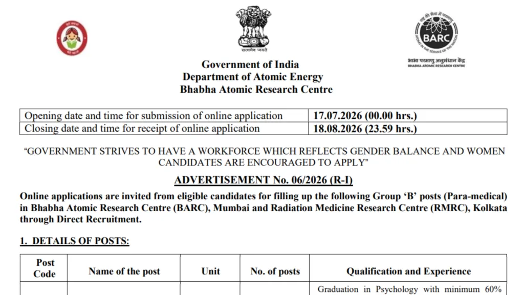 BARC Paramedical Staff Recruitment 2026 Notification Released & Apply Online