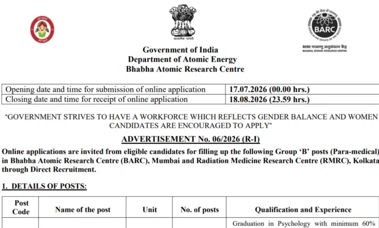 BARC Paramedical Staff Recruitment 2026 Notification Released & Apply Online