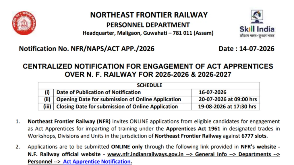 Railway NFR Apprentice Recruitment 2026 Notification Released & Apply Online for 6777 Posts