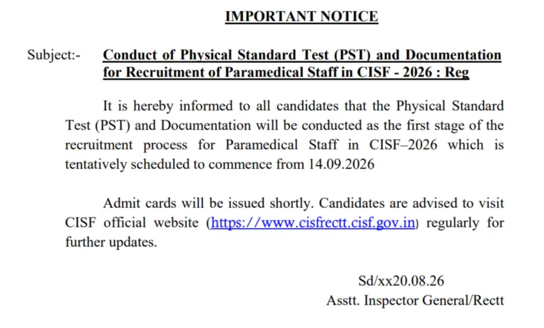 CISF ASI Paramedical Staff (24 Posts) Exam Date & Admit Card 2026 Released, Check Now